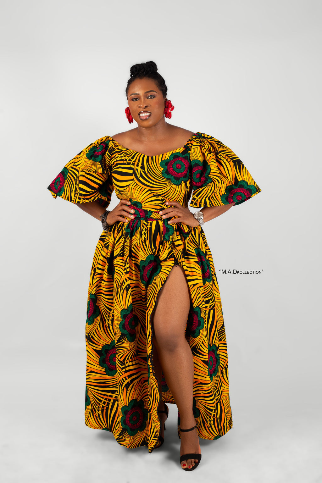 Celine Ankara Off Shoulder Maxi Dress | Yellow and Red African Print