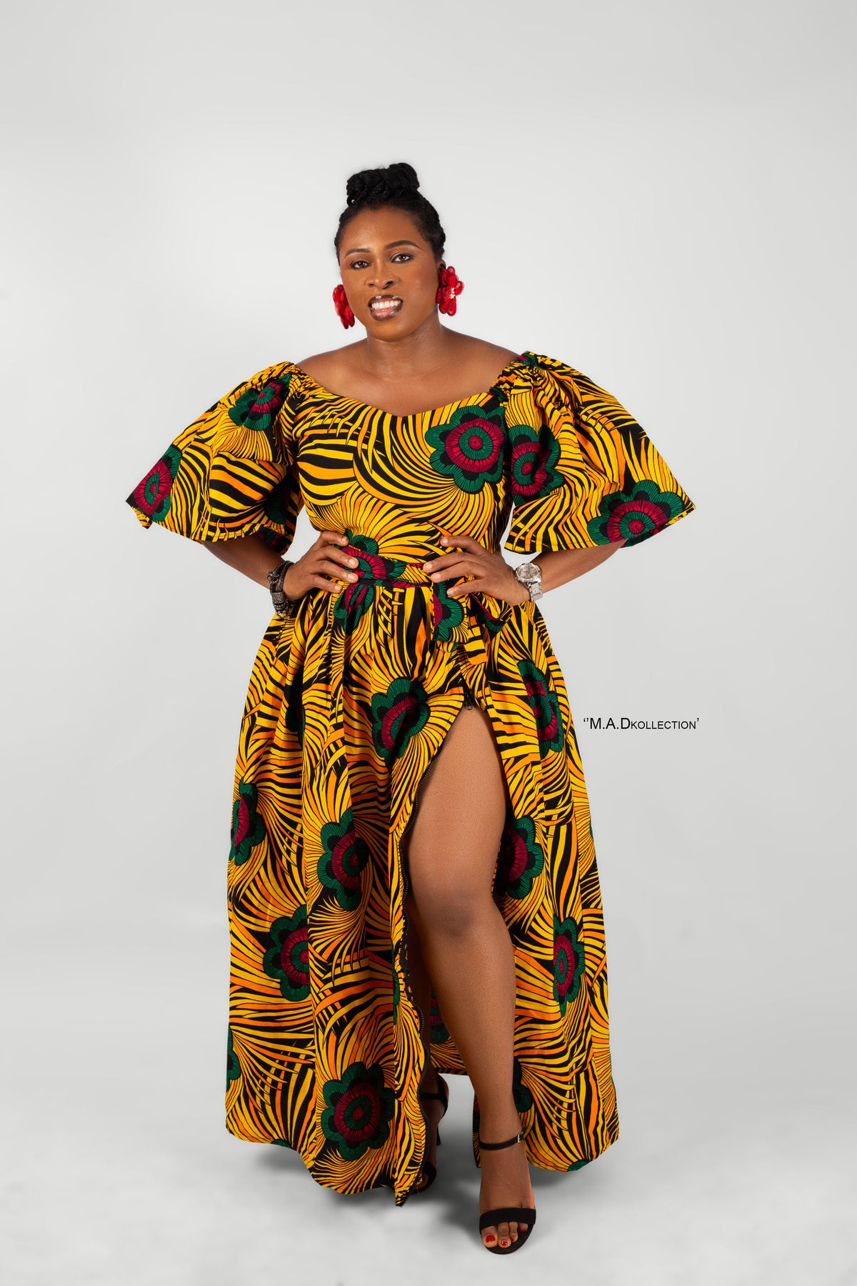 Celine Ankara Off Shoulder Maxi Dress | Yellow and Red African Print