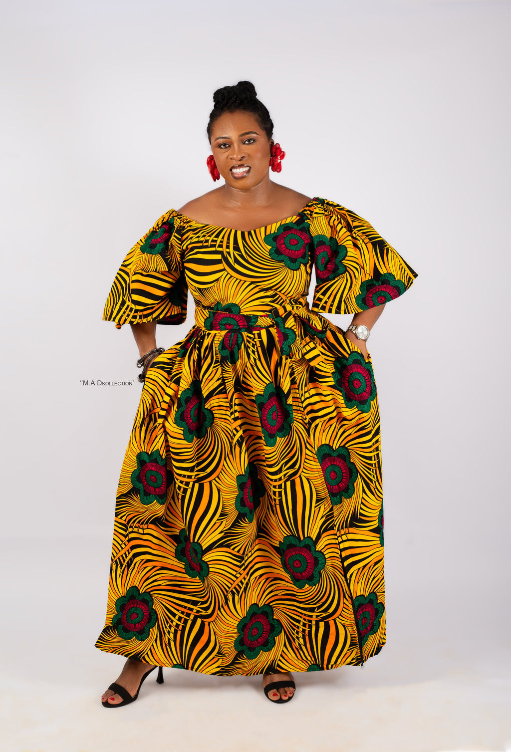 Celine Ankara Off Shoulder Maxi Dress | Yellow and Red African Print