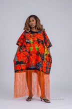 Ogechi Ankara Fringe Midi Dress | Orange African Print