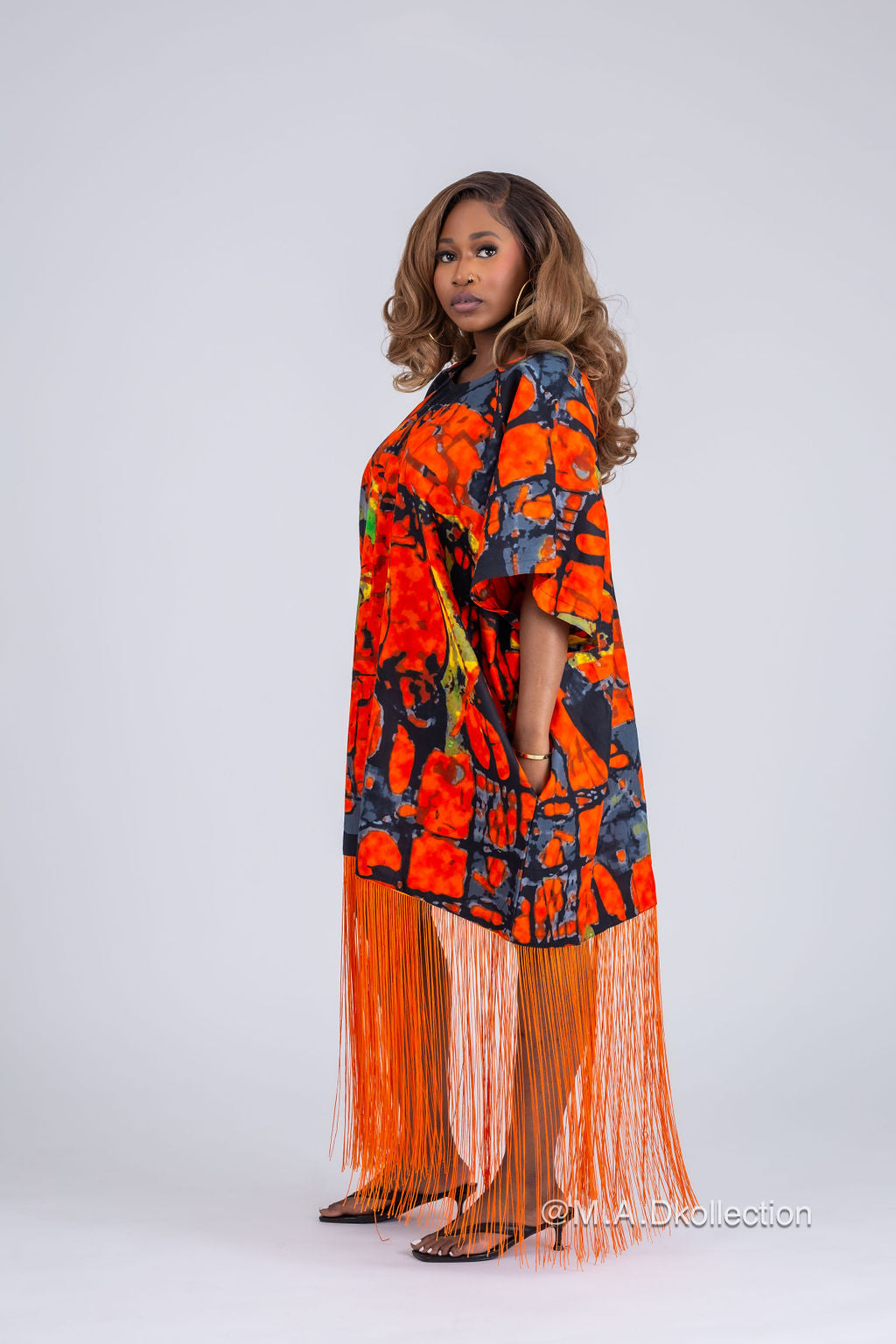 Ogechi Ankara Fringe Midi Dress | Orange African Print