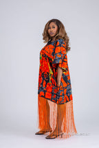Ogechi Ankara Fringe Midi Dress | Orange African Print