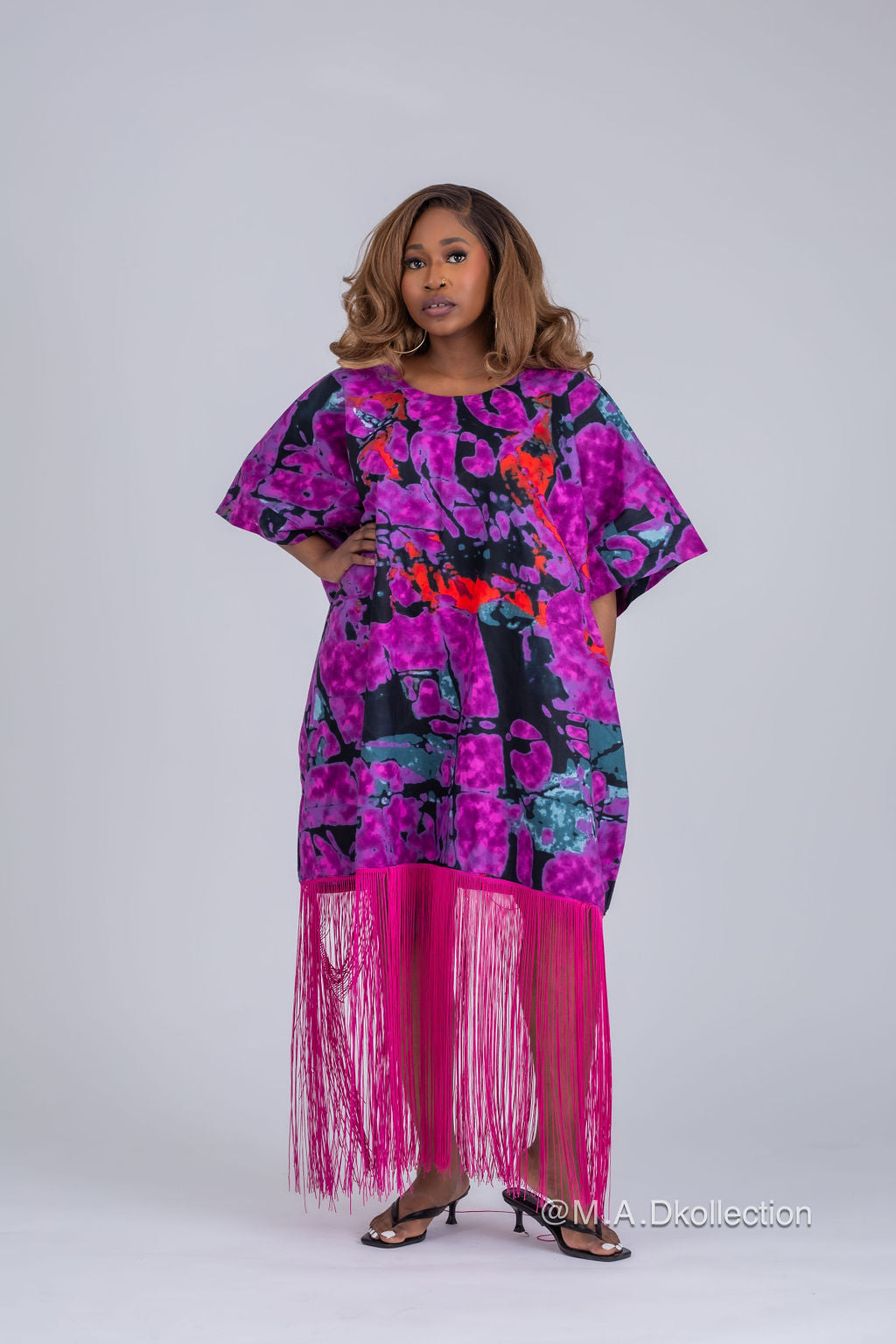 Odelia Ankara Fringe Midi Dress | Purple African Print