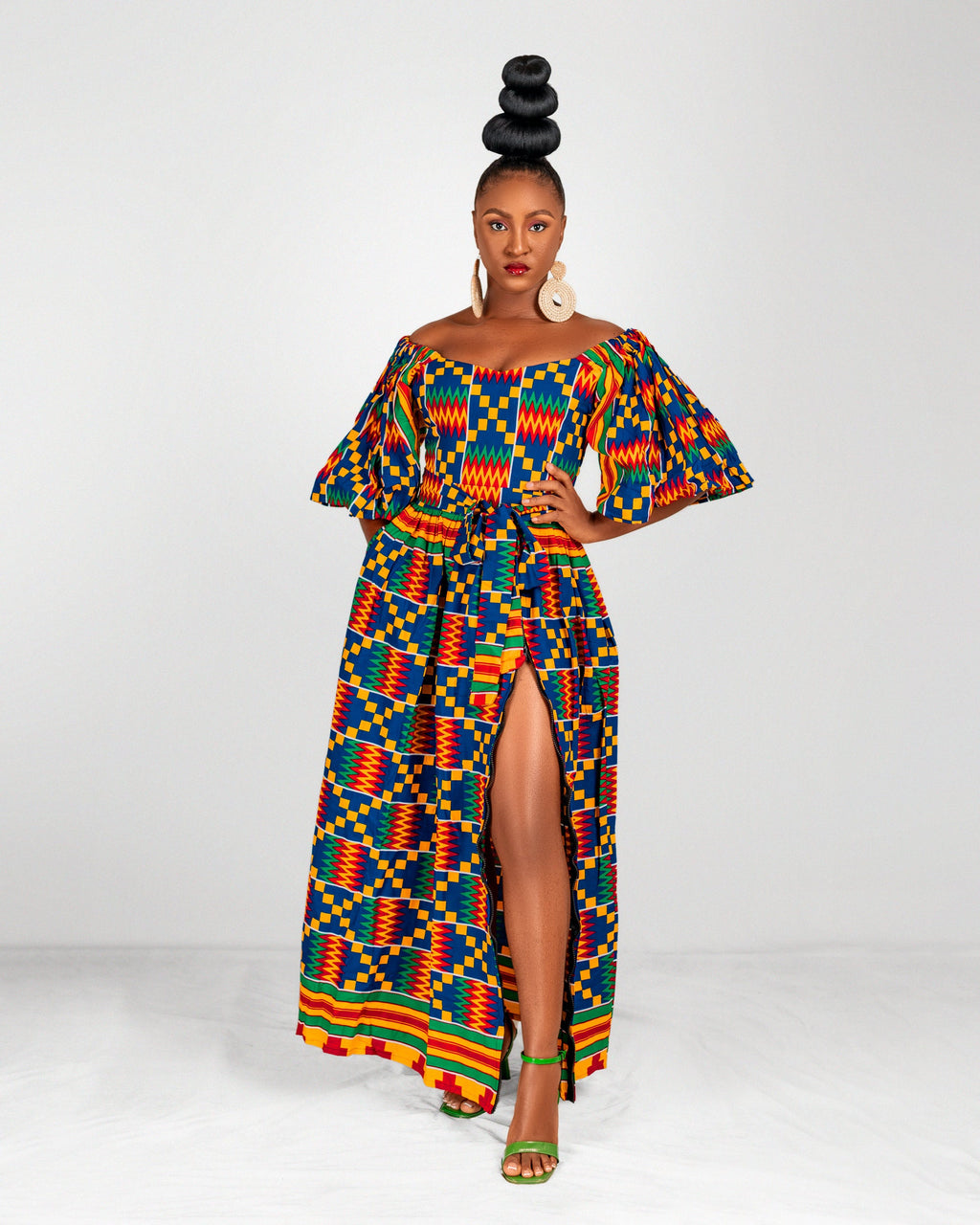 Nicole Ankara Off Shoulder Maxi Dress | Kente Multicoloured African Print
