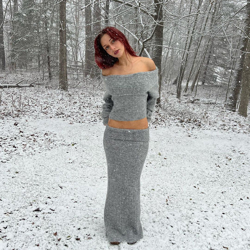 Stretch off-shoulder trui en lange rok set