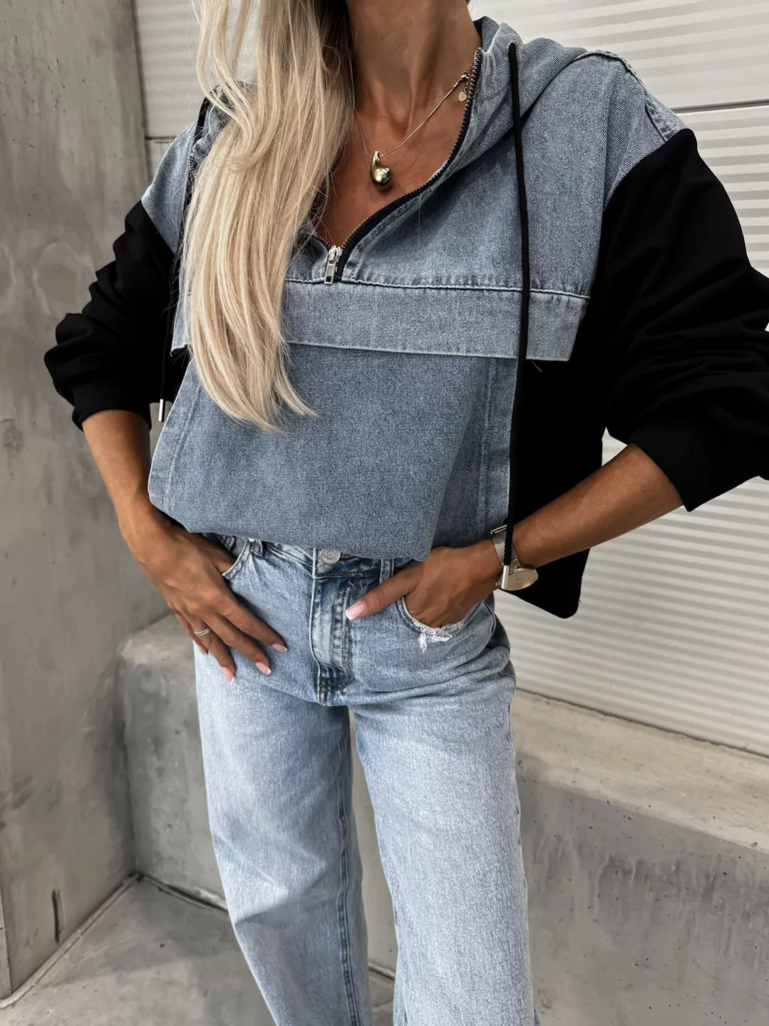 Losse casual wassing denim patchwork hoodie
