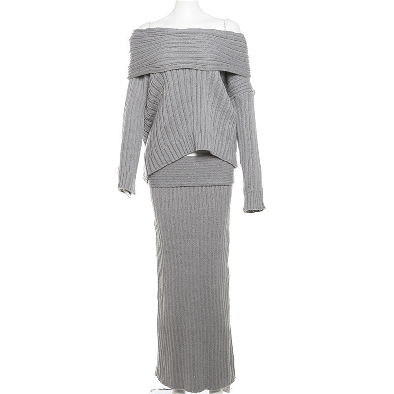 Stretch off-shoulder trui en lange rok set