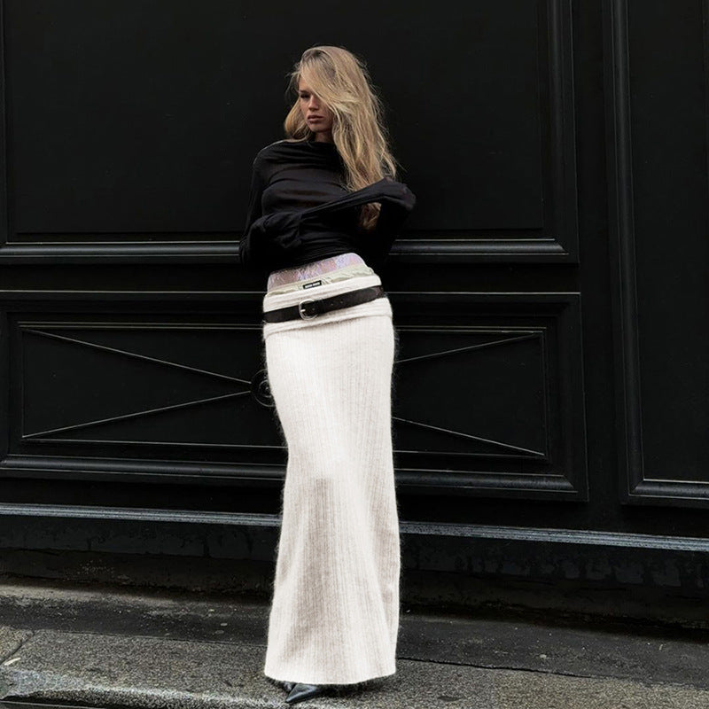 Stretch off-shoulder trui en lange rok set