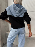 Losse casual wassing denim patchwork hoodie