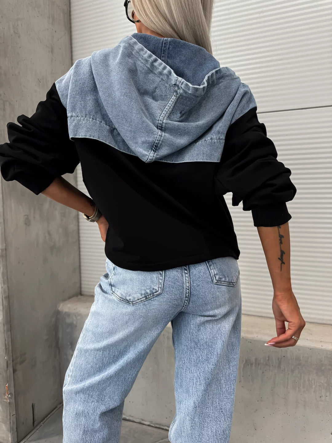 Losse casual wassing denim patchwork hoodie