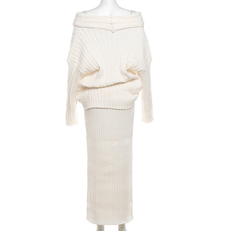 Stretch off-shoulder trui en lange rok set