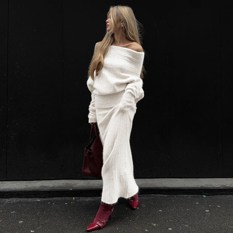 Stretch off-shoulder trui en lange rok set