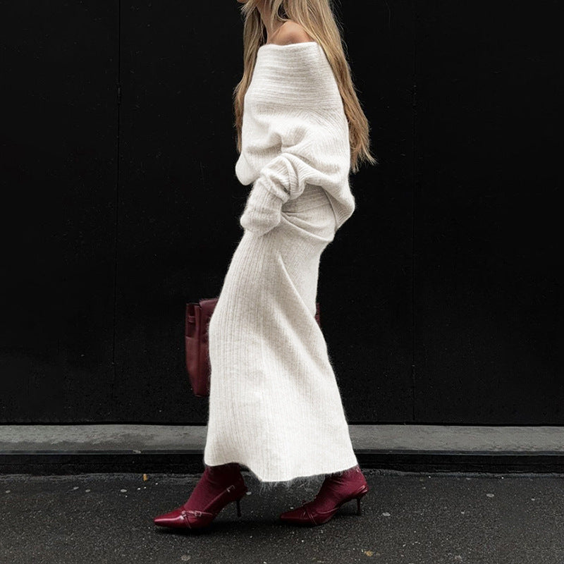 Stretch off-shoulder trui en lange rok set