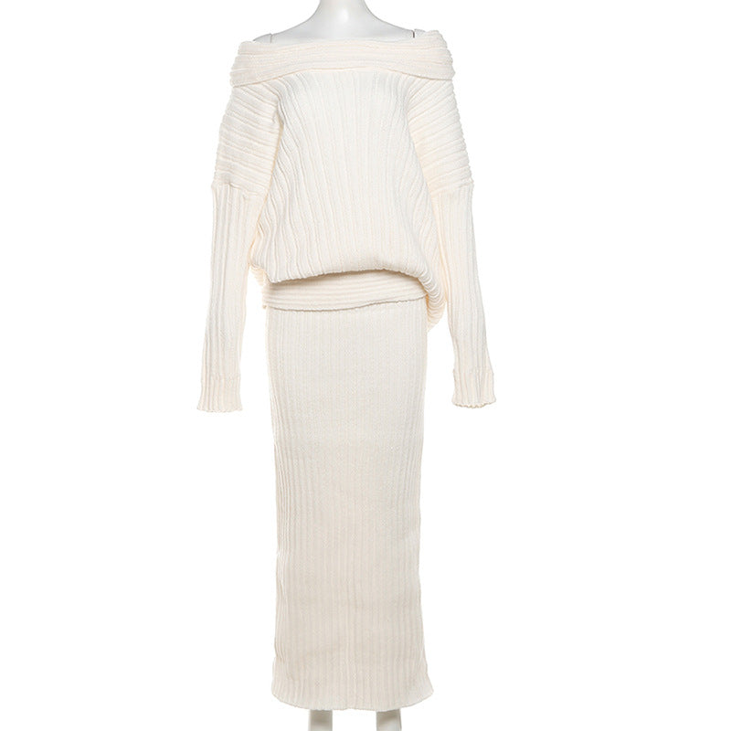 Stretch off-shoulder trui en lange rok set