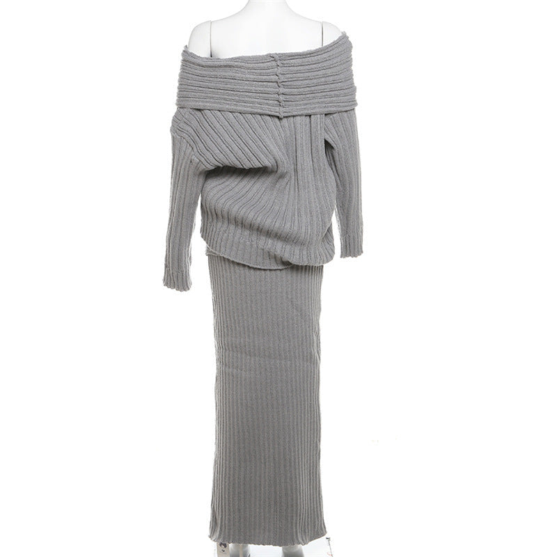 Stretch off-shoulder trui en lange rok set