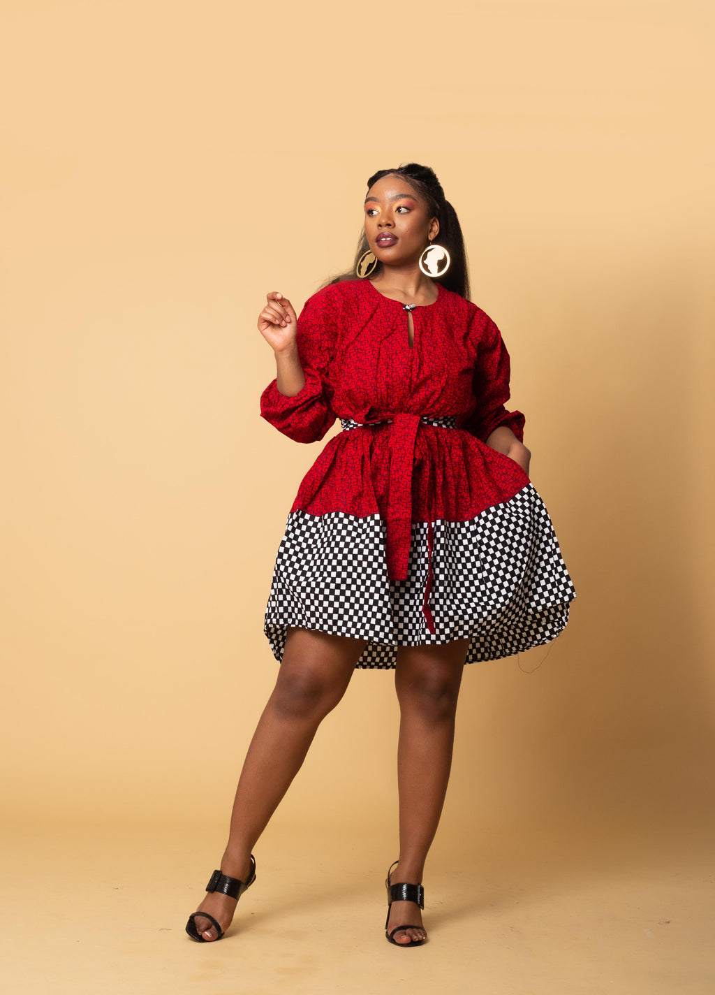 Stacy Ankara Midi Dress | Red and White African Print