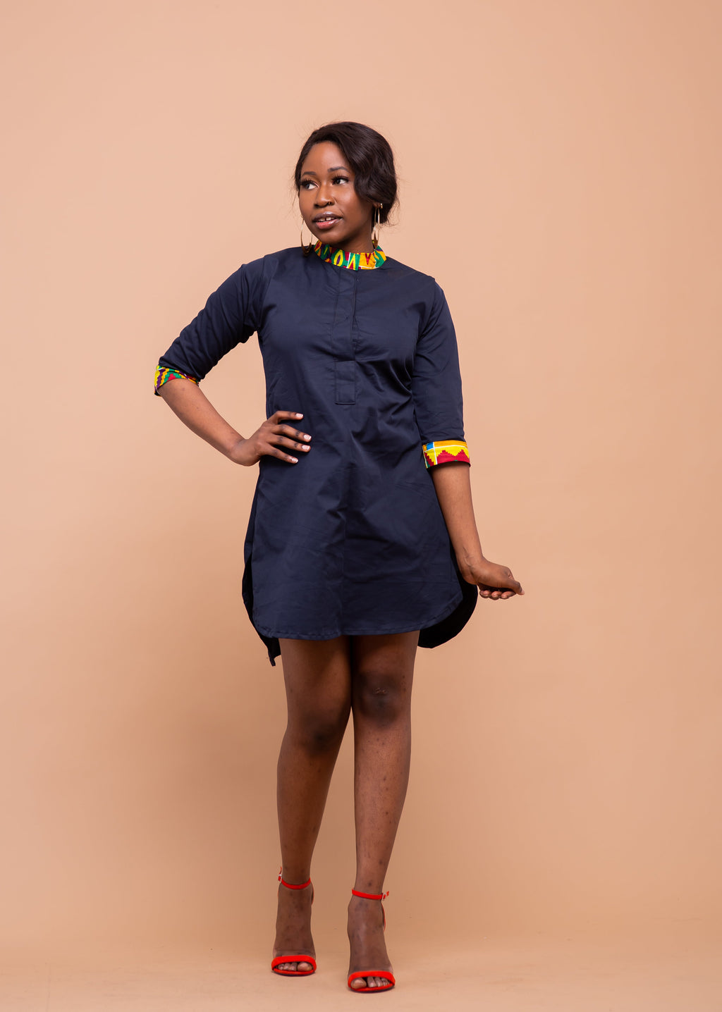 Dalton Midi Dress | Navy Blue and Ankara Mixed African Print