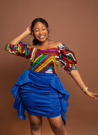 Jane Ankara African Short Mini Dress | Blue and Multicolored Print