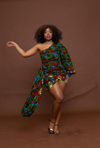 Faye Ankara Short Mini Dress | Green and Red MultiColoured African Print