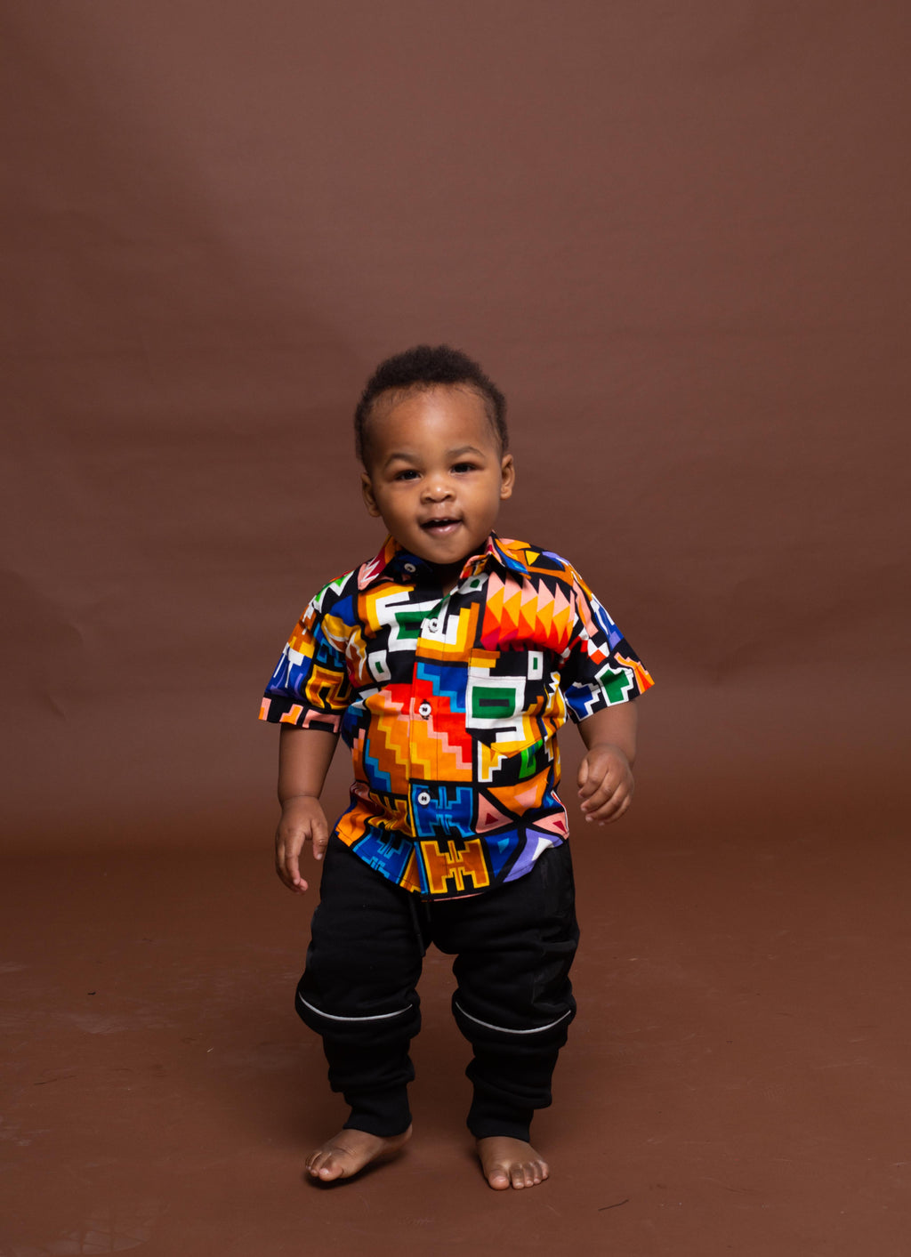 Fred Ankara Boy Short sleeve Shirt | Orange and White Multicolored African Print