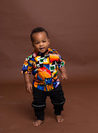 Fred Ankara Boy Short sleeve Shirt | Orange and White Multicolored African Print