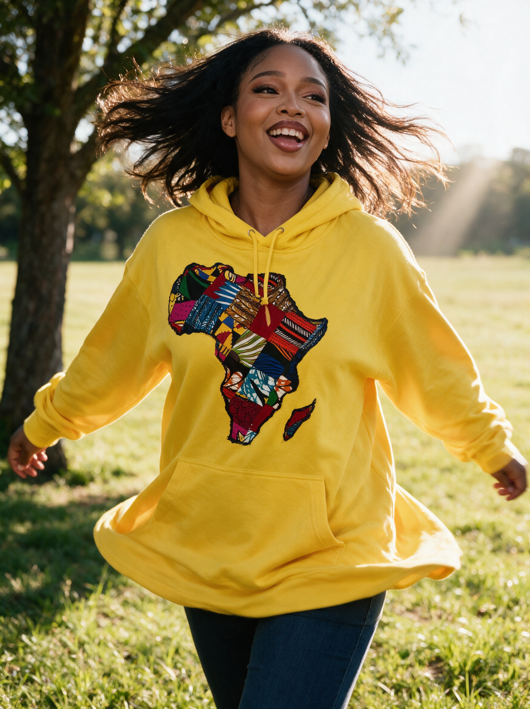 African Map Yellow Hoodie Top model shot