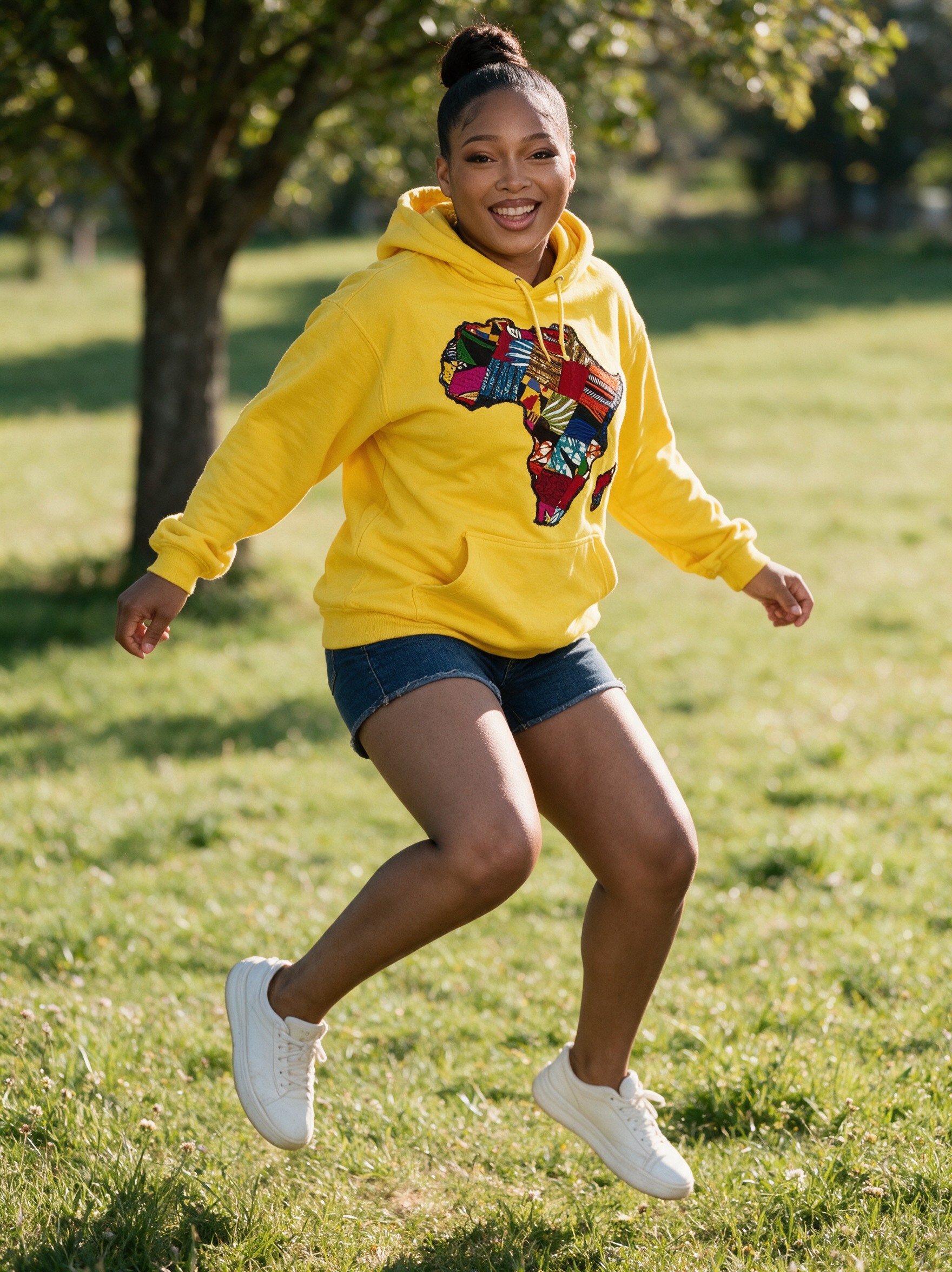 African Map Yellow Hoodie Top model shot 2