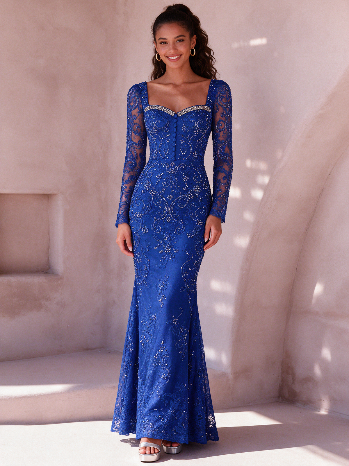 Yewande Royal Blue Beaded Lace Maxi Dress lifestyle foto 1