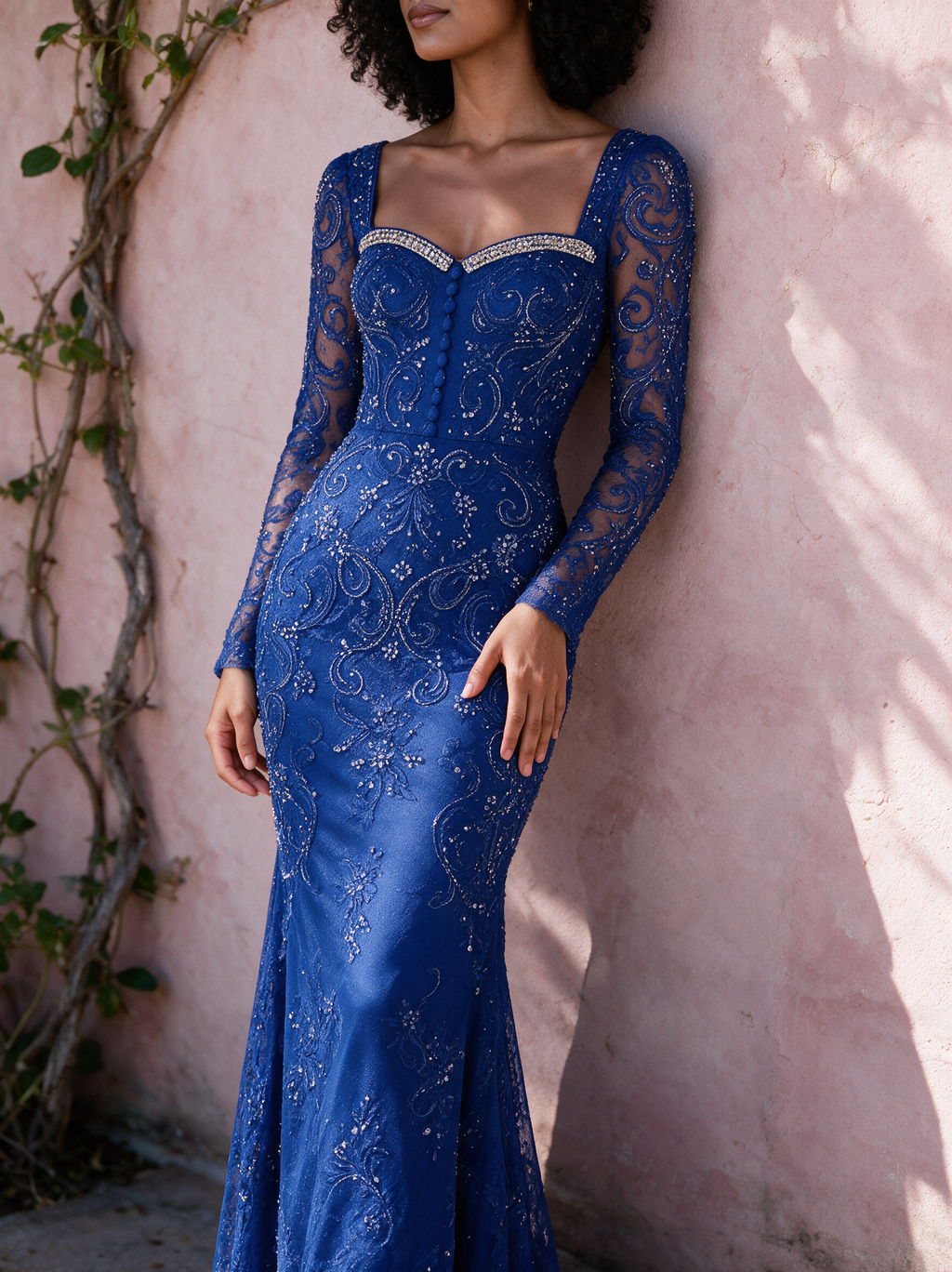 Yewande Royal Blue Beaded Lace Maxi Dress lifestyle foto 3