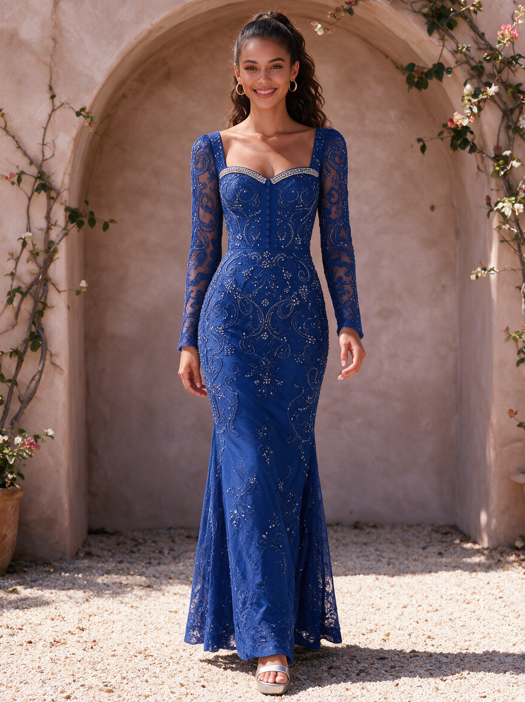 Yewande Royal Blue Beaded Lace Maxi Dress lifestyle foto 4