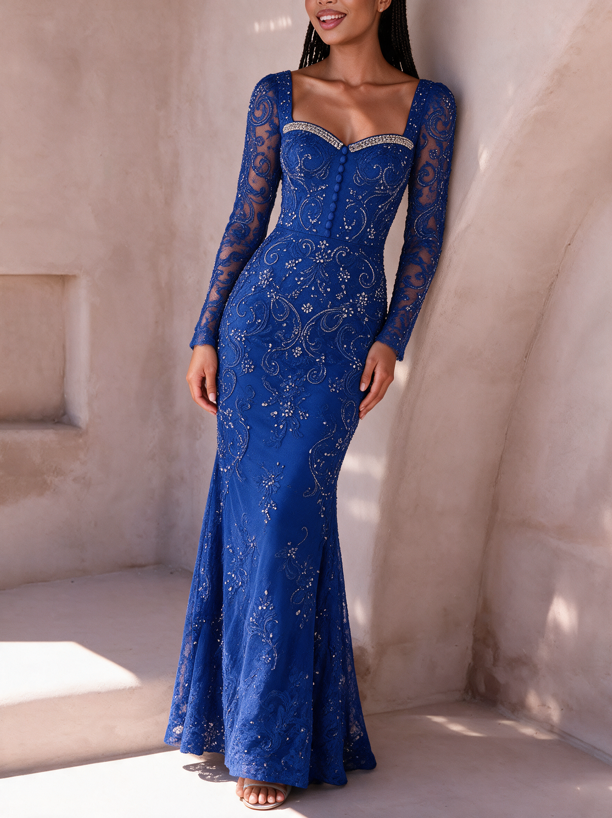 Yewande Royal Blue Beaded Lace Maxi Dress lifestyle foto 5