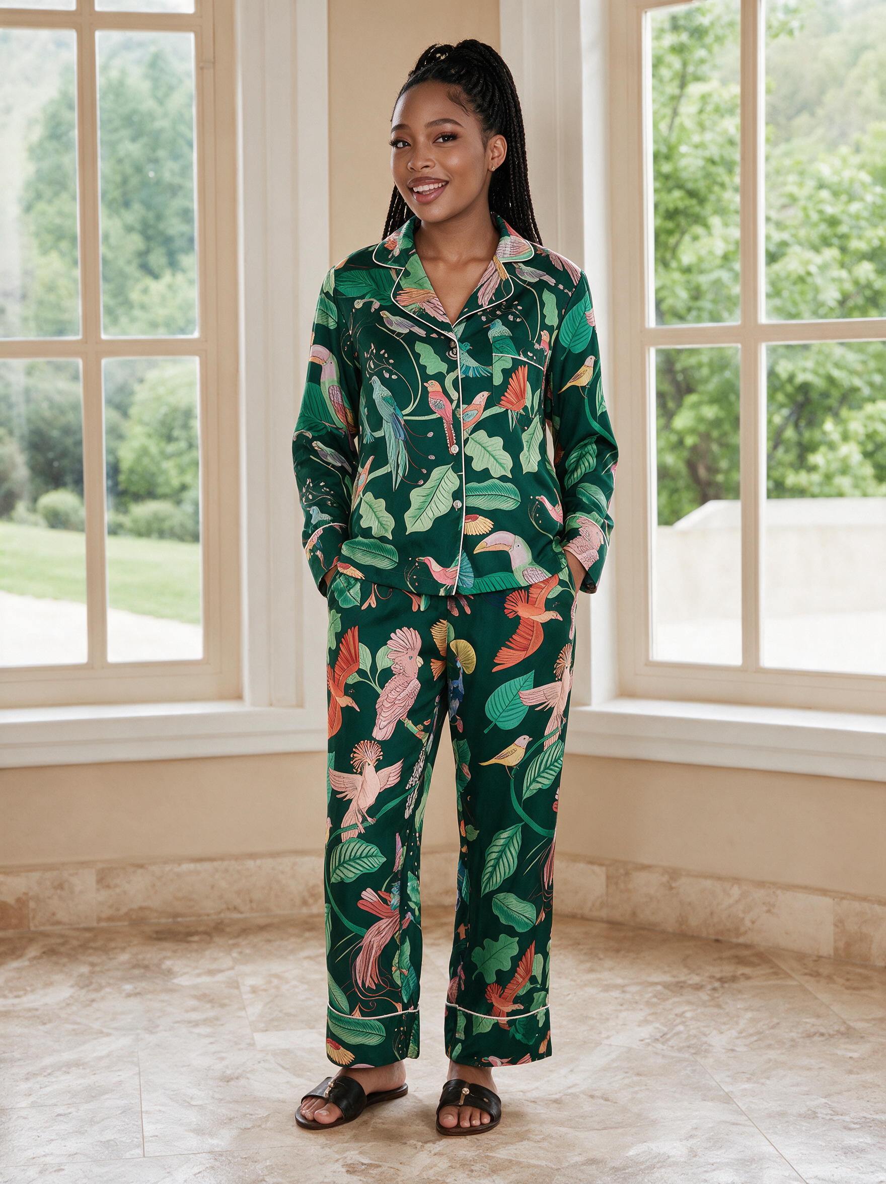 Groene zijden pyjamaset met papegaaienprint