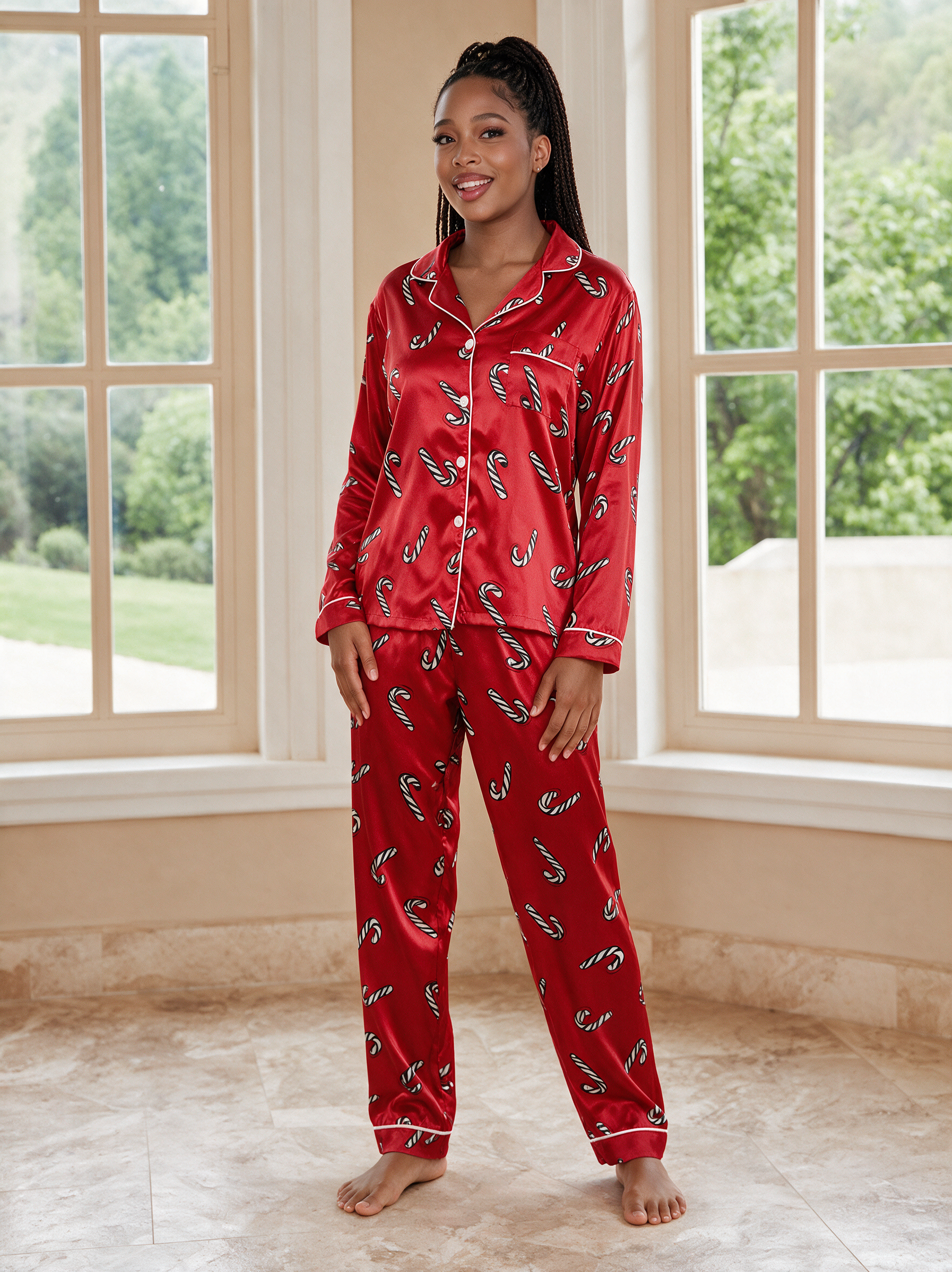 Zijdeachtige pyjamaset met kerstsnoeppatroon
