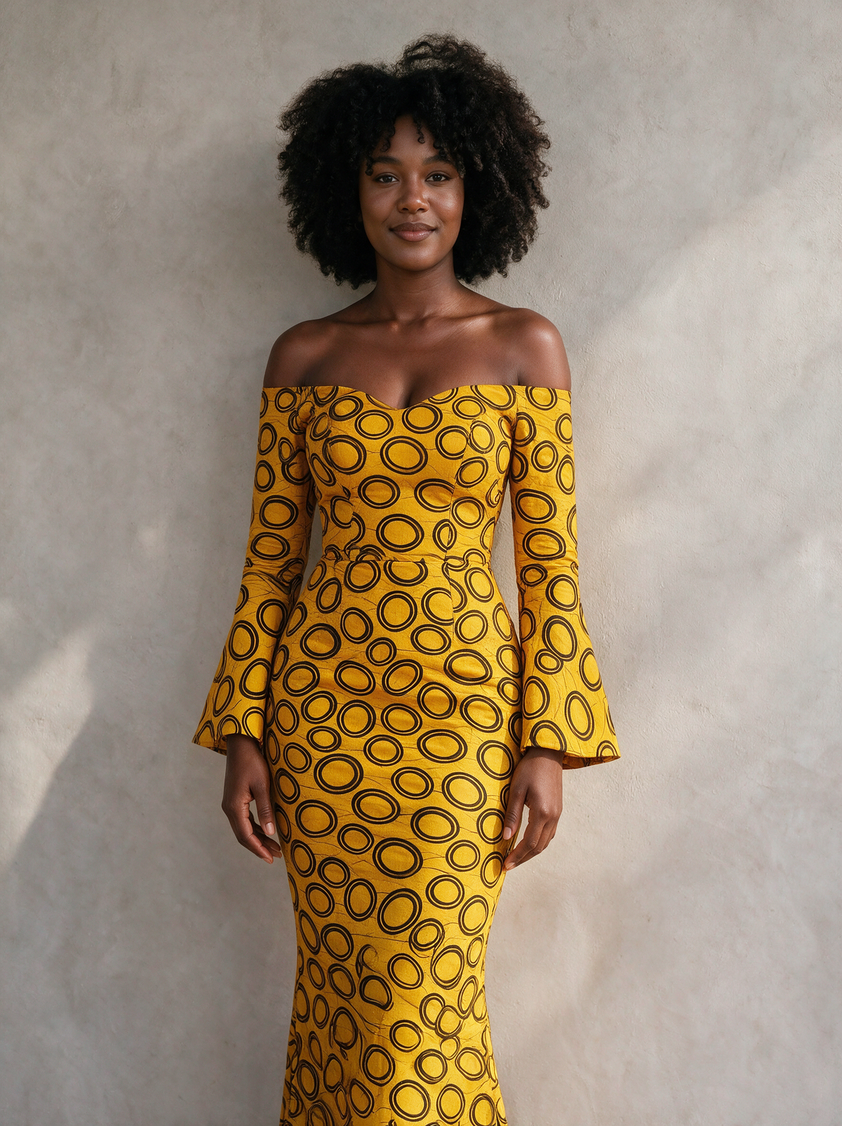 Adaeze Golden Yellow Ankara Off-Shoulder Mermaid Maxi Dress | Evening Gown