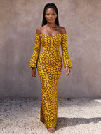 Adaeze Golden Yellow Ankara Off-Shoulder Mermaid Maxi Dress | Evening Gown