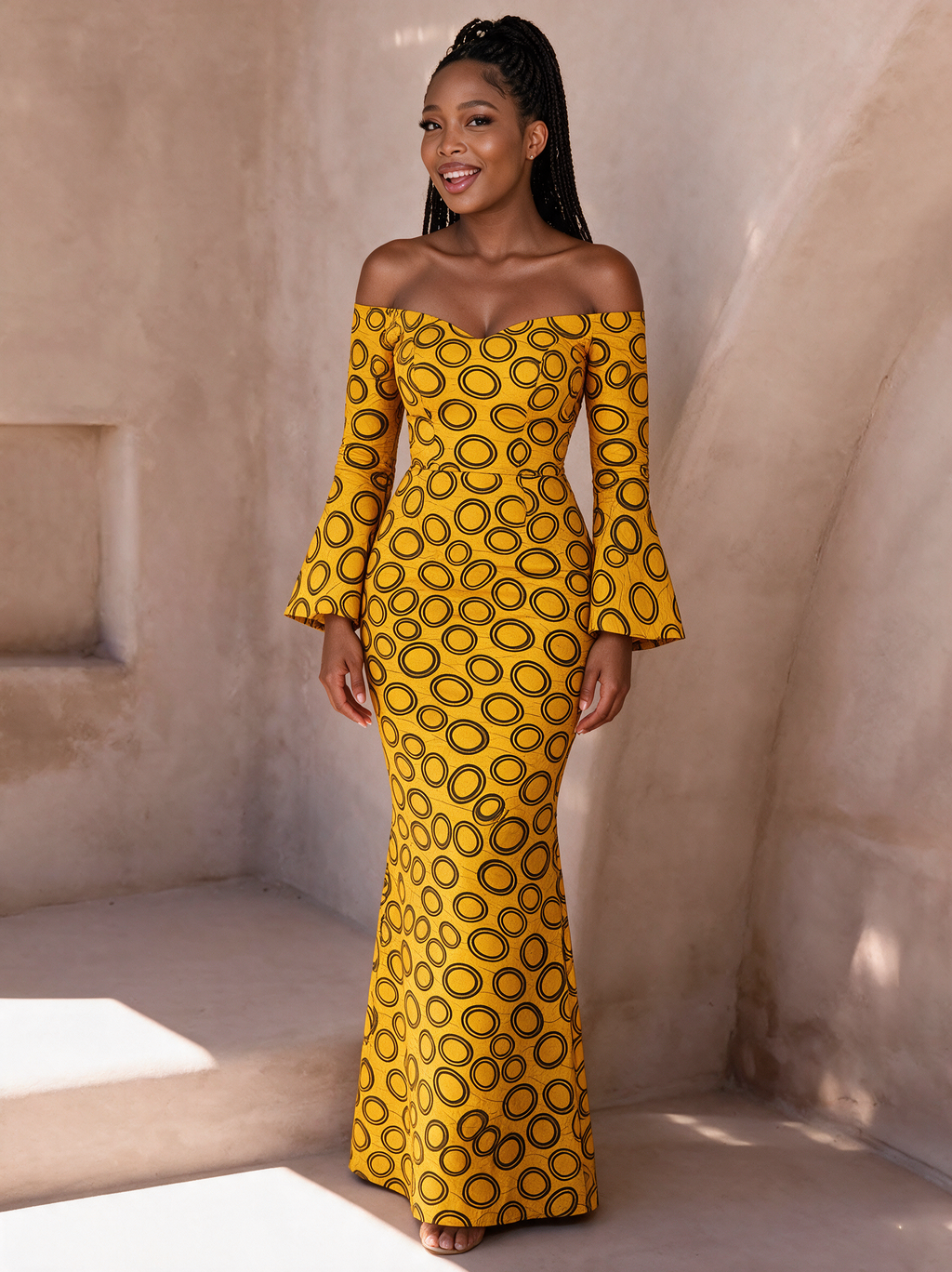 Adaeze Golden Yellow Ankara Off-Shoulder Mermaid Maxi Dress | Evening Gown