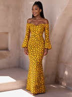 Adaeze Golden Yellow Ankara Off-Shoulder Mermaid Maxi Dress | Evening Gown