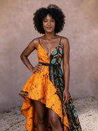 Temi Orange Batik Teal High-Low Wrap Maxi Dress | African Print