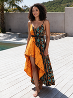 Temi Orange Batik Teal High-Low Wrap Maxi Dress | African Print
