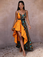 Temi Orange Batik Teal High-Low Wrap Maxi Dress | African Print