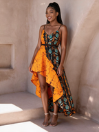 Temi Orange Batik Teal High-Low Wrap Maxi Dress | African Print