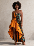 Temi Orange Batik Teal High-Low Wrap Maxi Dress | African Print