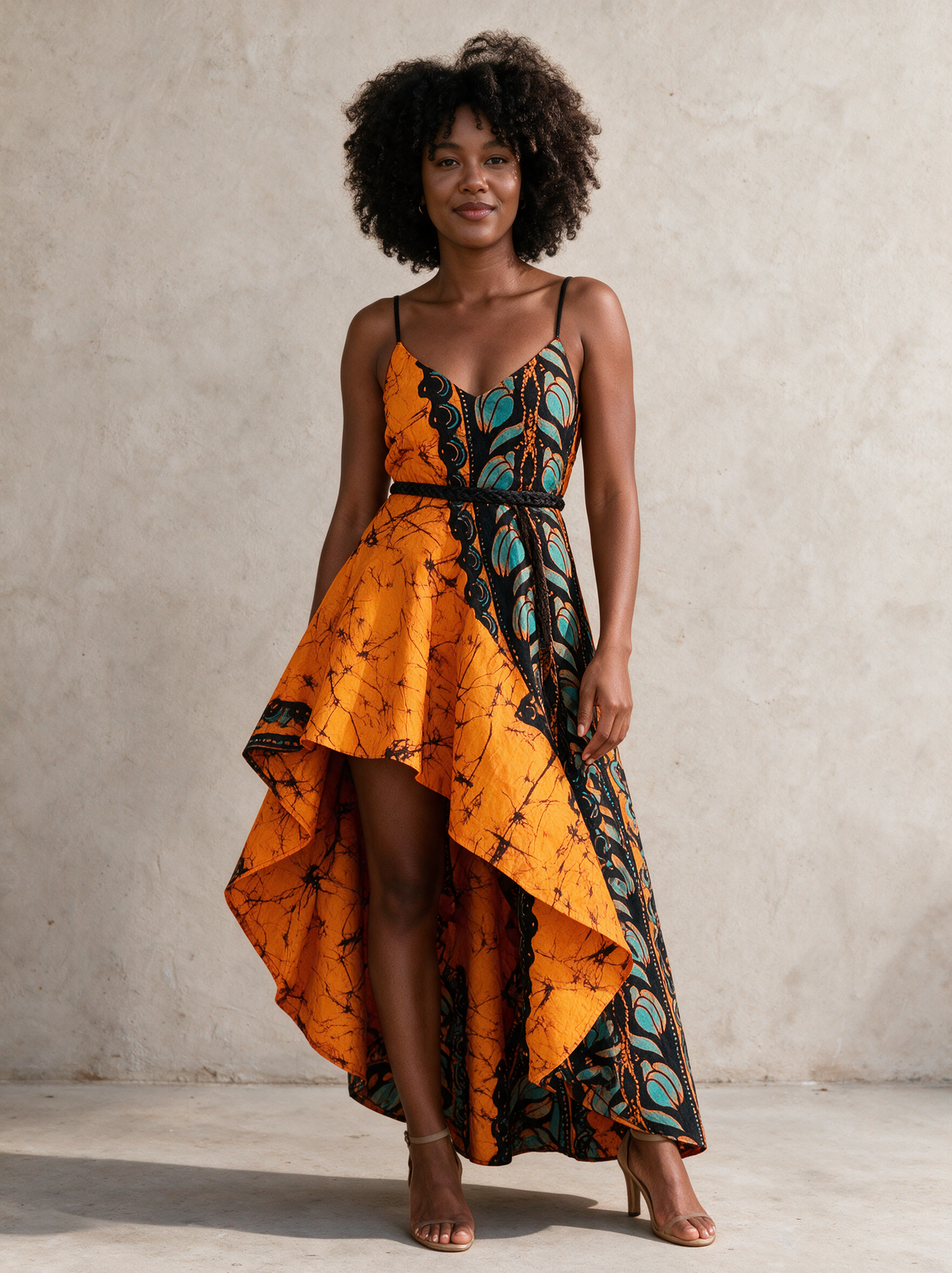 Temi Orange Batik Teal High-Low Wrap Maxi Dress | African Print