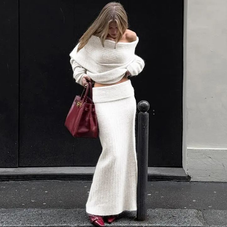 Stretch off-shoulder trui en lange rok set