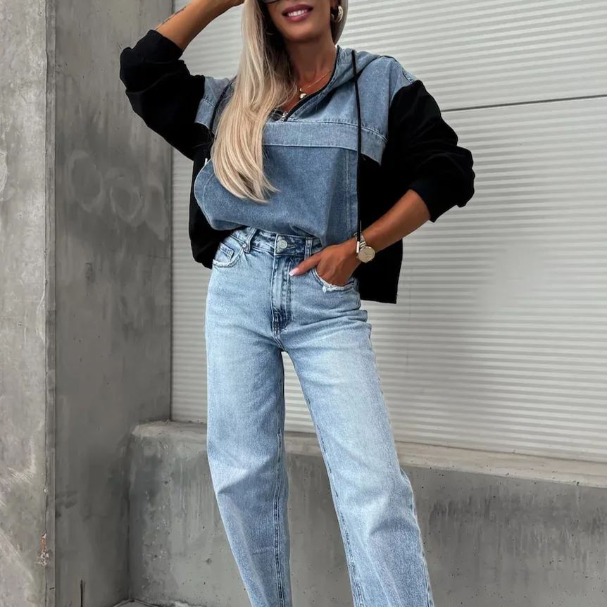 Losse casual wassing denim patchwork hoodie
