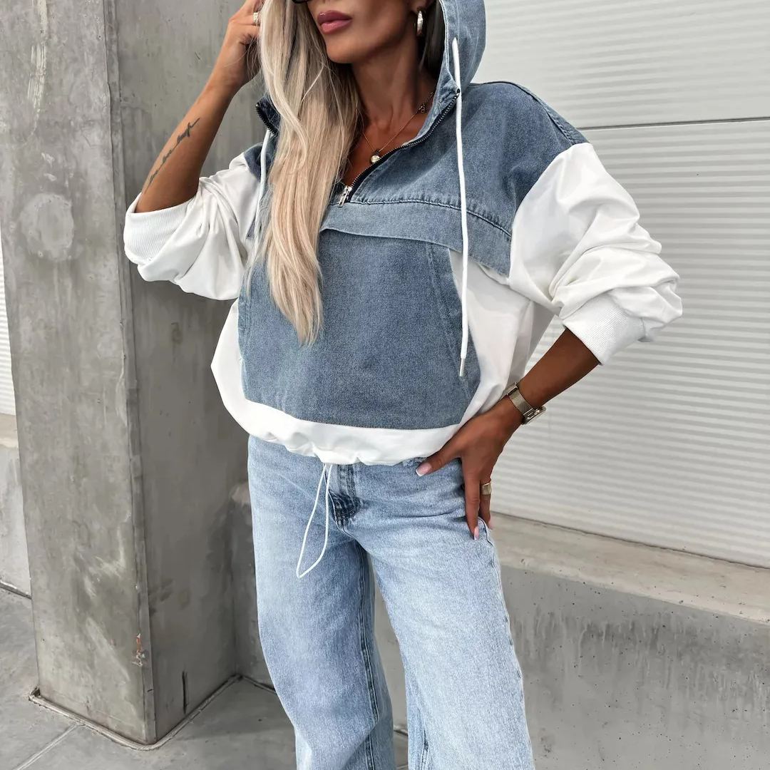 Losse casual wassing denim patchwork hoodie