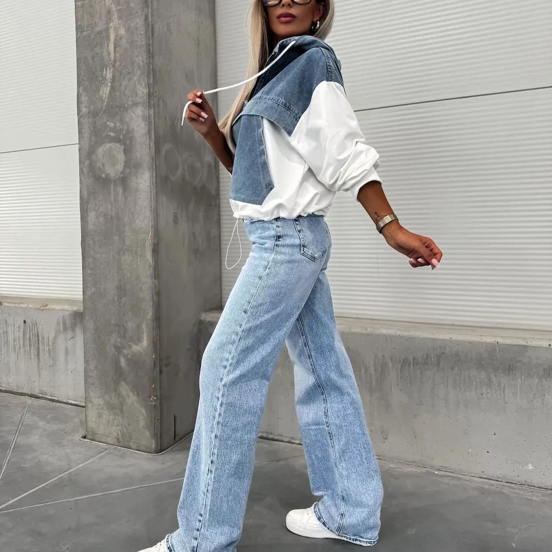 Losse casual wassing denim patchwork hoodie