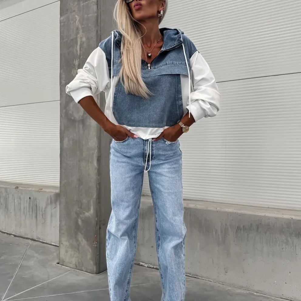 Losse casual wassing denim patchwork hoodie