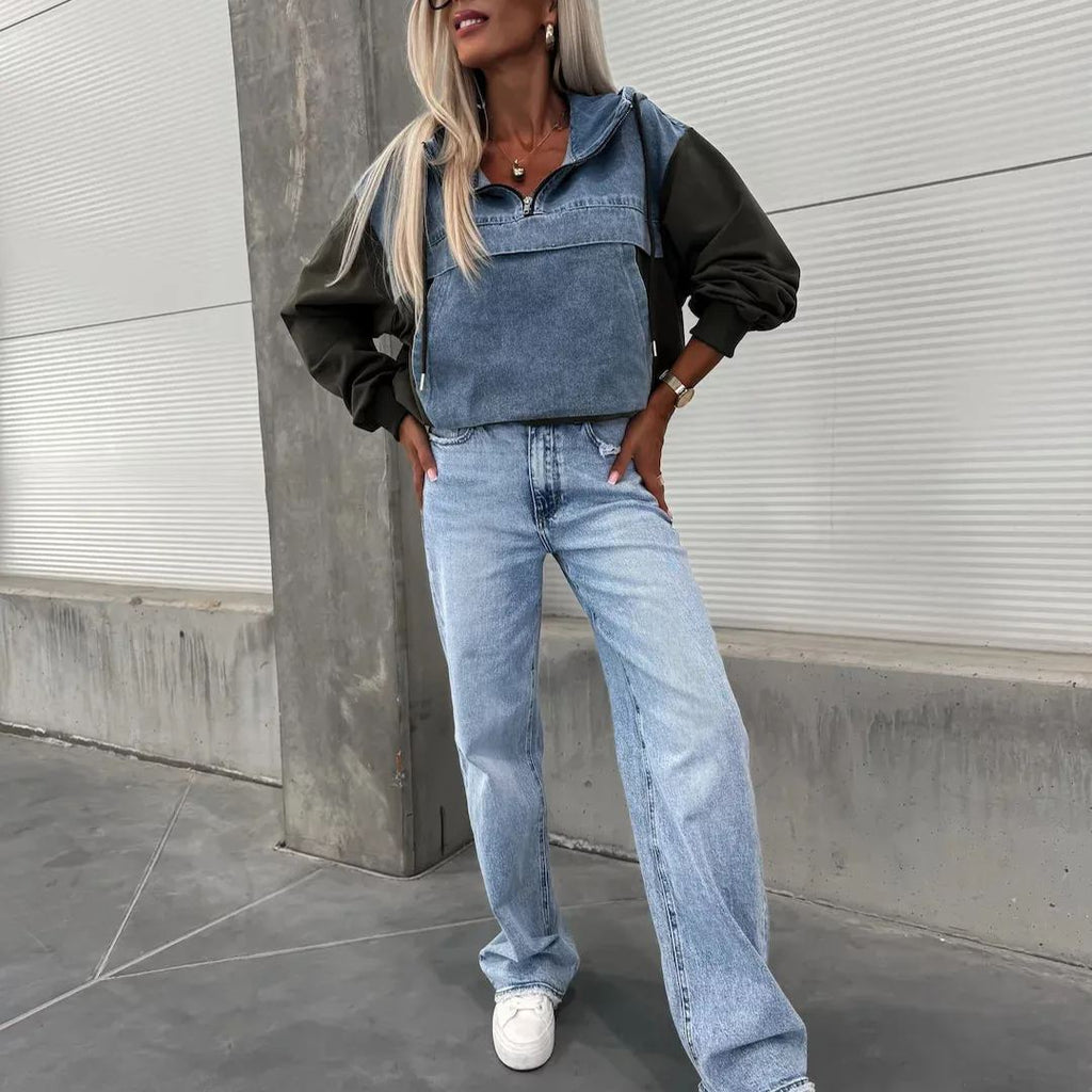 Losse casual wassing denim patchwork hoodie