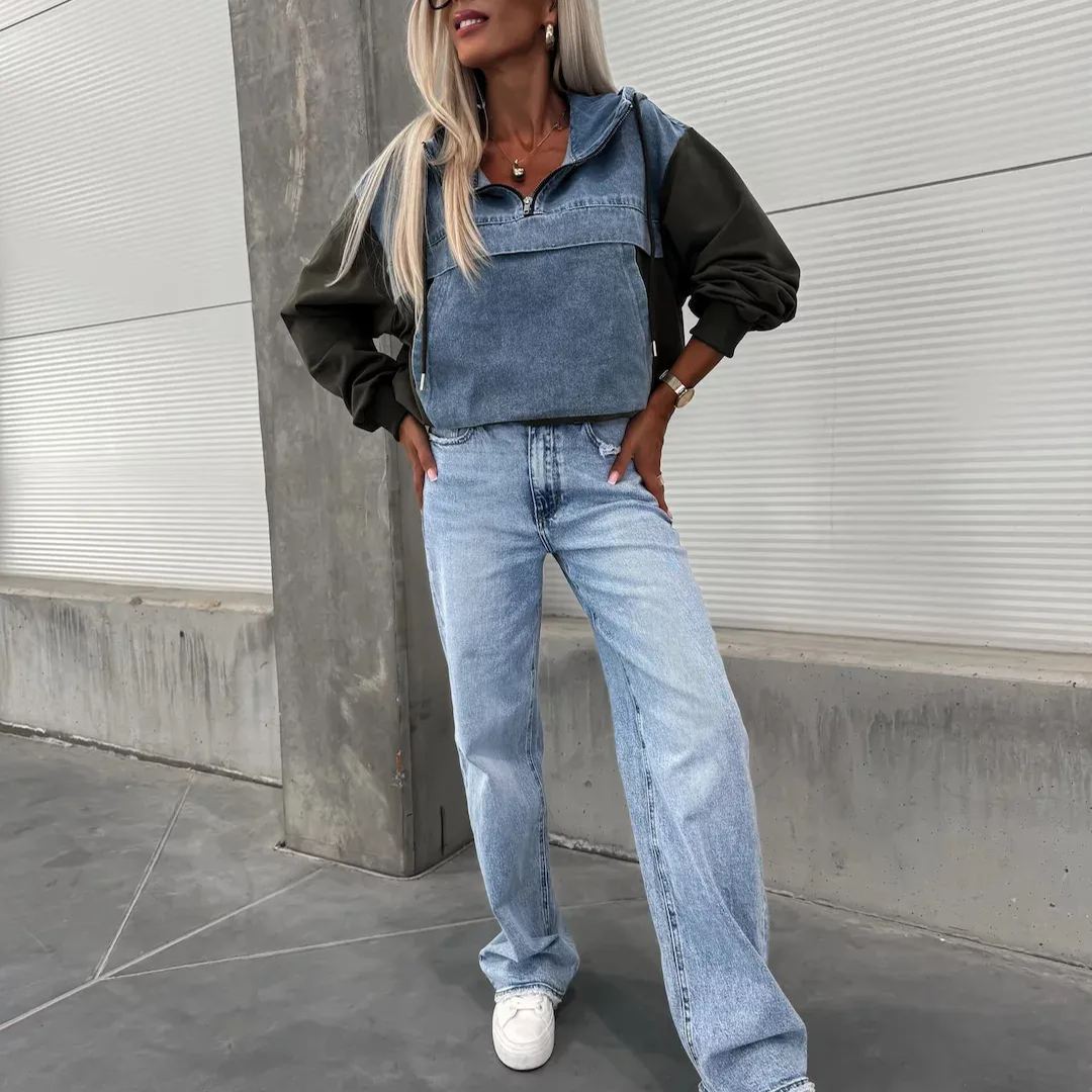 Losse casual wassing denim patchwork hoodie
